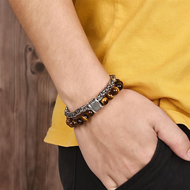 Link, Chain YAKAMOZ Trendy Stainless Steel Bead Bracelet Men Tiger Eye Buddha Lava Round Beads Bracelets Rock Male Jewelry Party Gifts