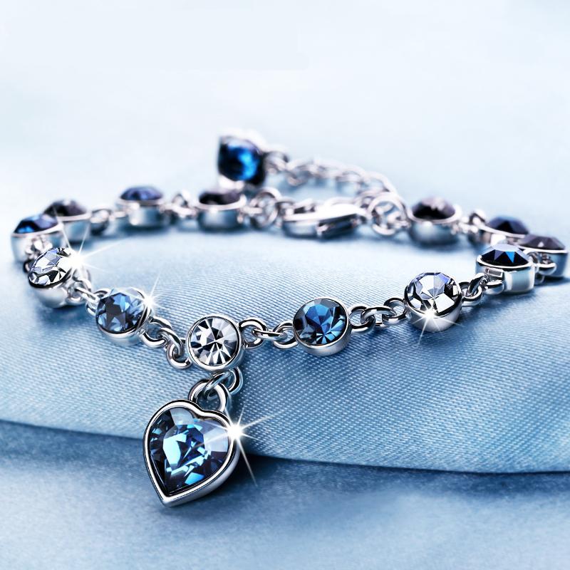 Link Chain Women Charm Bracelet Cherish Love Crystal Heart Jewelry Silver Bracelets GiftsLink