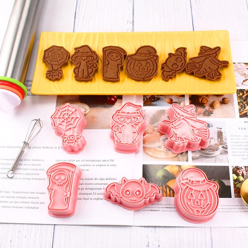 Baking Moulds 6pcs-set Halloween Cookie Cutters Plastic 3D Cartoon Pressable Biscuit Mold Stamp Kitchen Pastry Tools