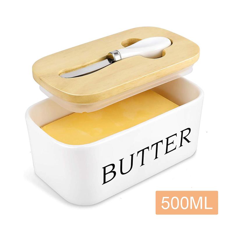 Dishes & Plates Nordic Ceramic Butter Box With Stainless Steel Knife And Wooden Lid Container Cheese Tray Kitchen Storage