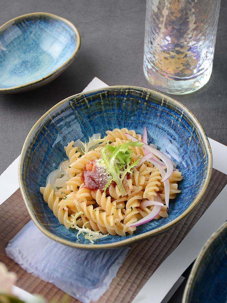 Dishes & Plates Irregular Ceramic Plate Retro Japanese Style Soup Noodles Salad Bowl Taste Blue Dinnerware