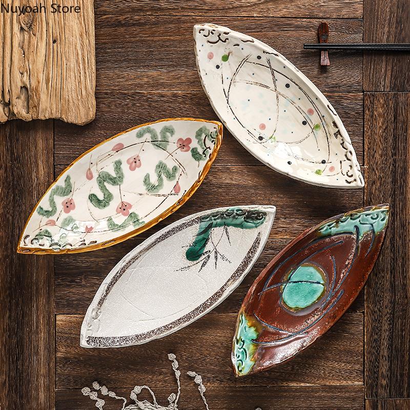 Dishes & Plates Household Tableware Japanese Ceramic Double-pointed Boat-shaped Dessert Plate Sashimi Creative Sushi Set