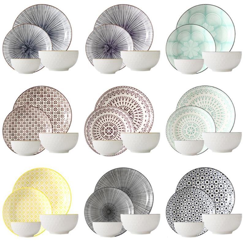 Dishes & Plates Ceramic Plate Bowl Set 4 Pcs - Combo Underglaze Round Shape Porcelain Tableware Support Oven Dishwasher CZY1018-4S