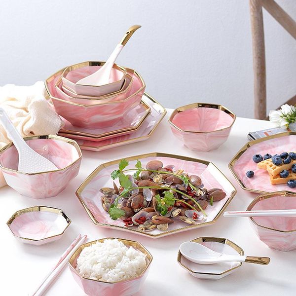 Dishes Plates Gold Inlay Plate Nordic Style Tableware Pink Ceramic Steak Salad Dessert Dish Dinner Dinnerware Set X250107