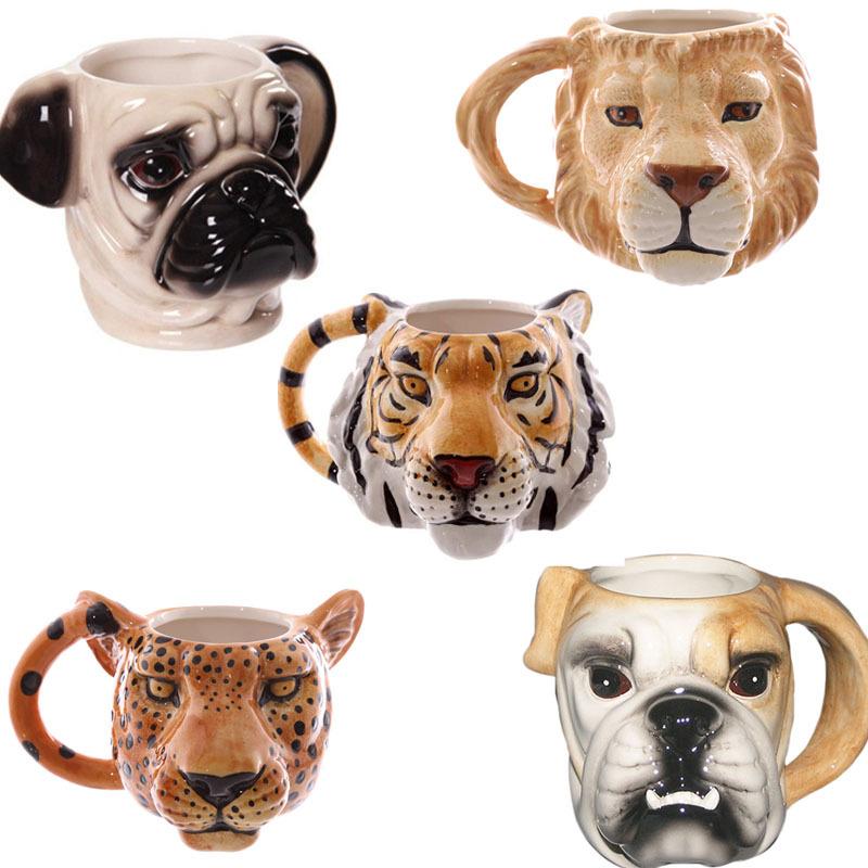 Mugs Simulation Animal Coffee Mug Pet Dog Lion Rhinoceros Tiger Head Ceramic Hand Painted 3D Cups Drinkware For Gifts