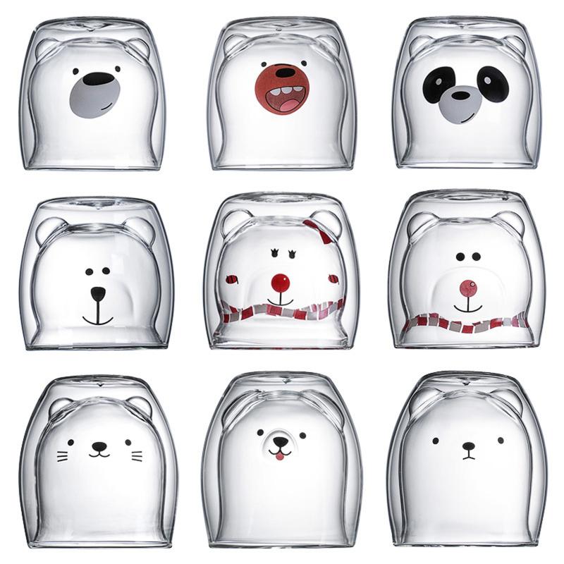 Mugs Lovely Glass Bear Cat Dog Animal Double-layer Tea Milk Coffee Cup With Round Mouth Prevent Scald Cartoon Christmas Gift