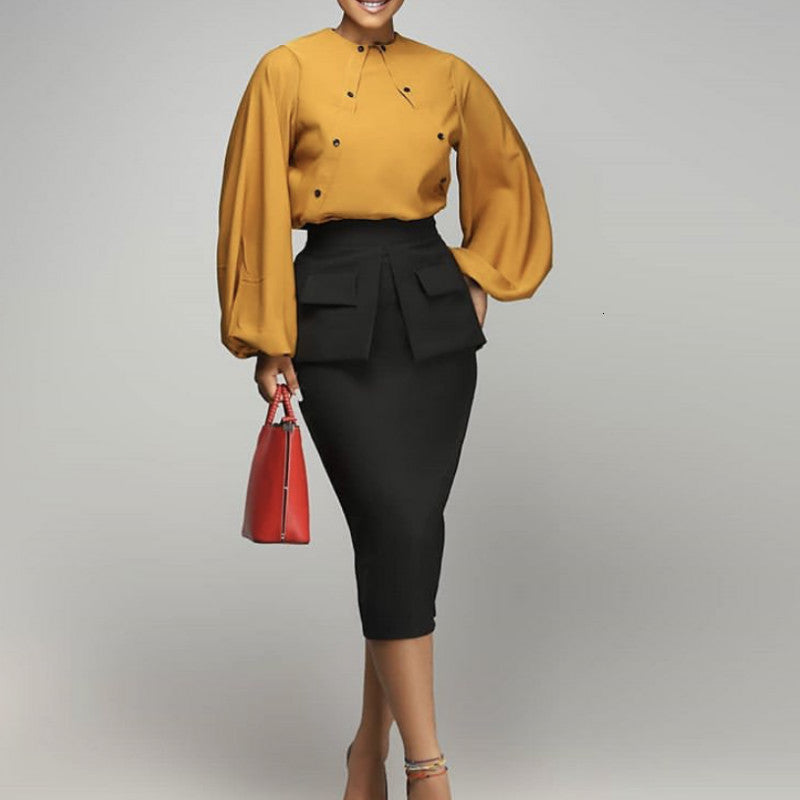 Women&#039;s Blouses & Shirts 2 Piece Sets Tops Blouse Long Lantern Sleeve Button Up with Black Skirt Women Suit Office African Fashion