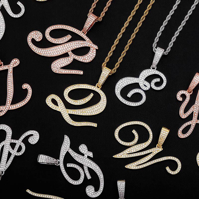 Pendant Necklaces Custom Gold Letters High Quality Personality Iced A~Z Hip Hop Cursive +cz Men And Women Jewelry For Gifts