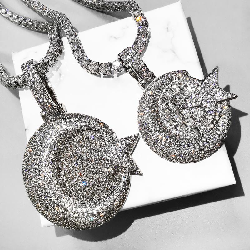 Pendant Necklaces Bling Hip Hop Moon And Star With Tennis Chain 2 SIze Full Cubic Zirconia Necklace For Men Women Gifts
