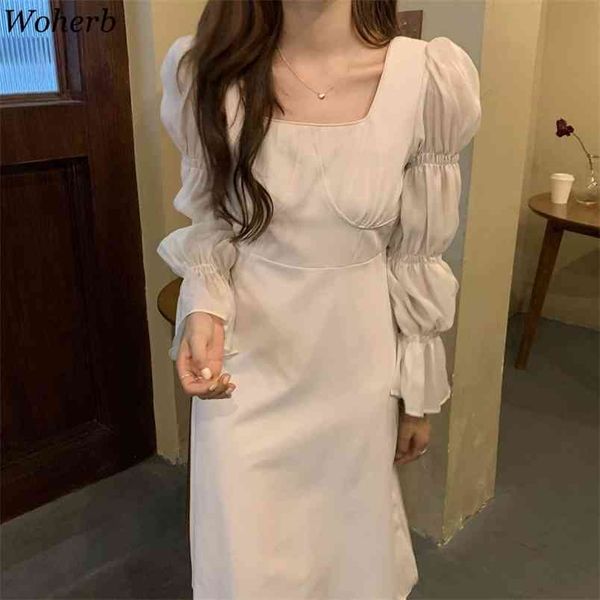 Chic Maxi Dress Women Square Collar Korean Elegant Slim Vestidos Mujer Sweet Temperament Fashion White Party Dresses 210519