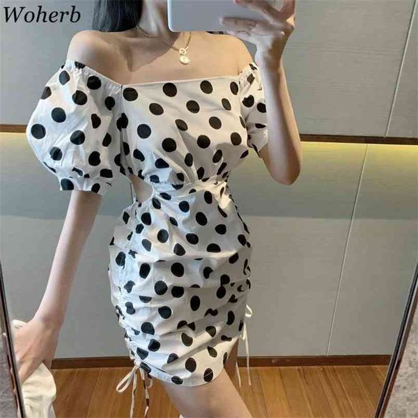 Mini Polka Dot Dress Women Elegant Korean Vintage Short Puff Sleeve Off Shoulder Summer Dresses Square Collar Vestidos 210519