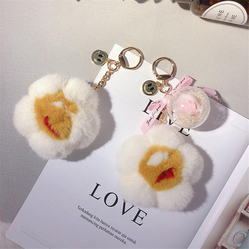 Keychains South Korea Creative Mink Hair Flower Keyring Eternal True Bag Pendant Car Key Chain Lovely Women Girl Gift