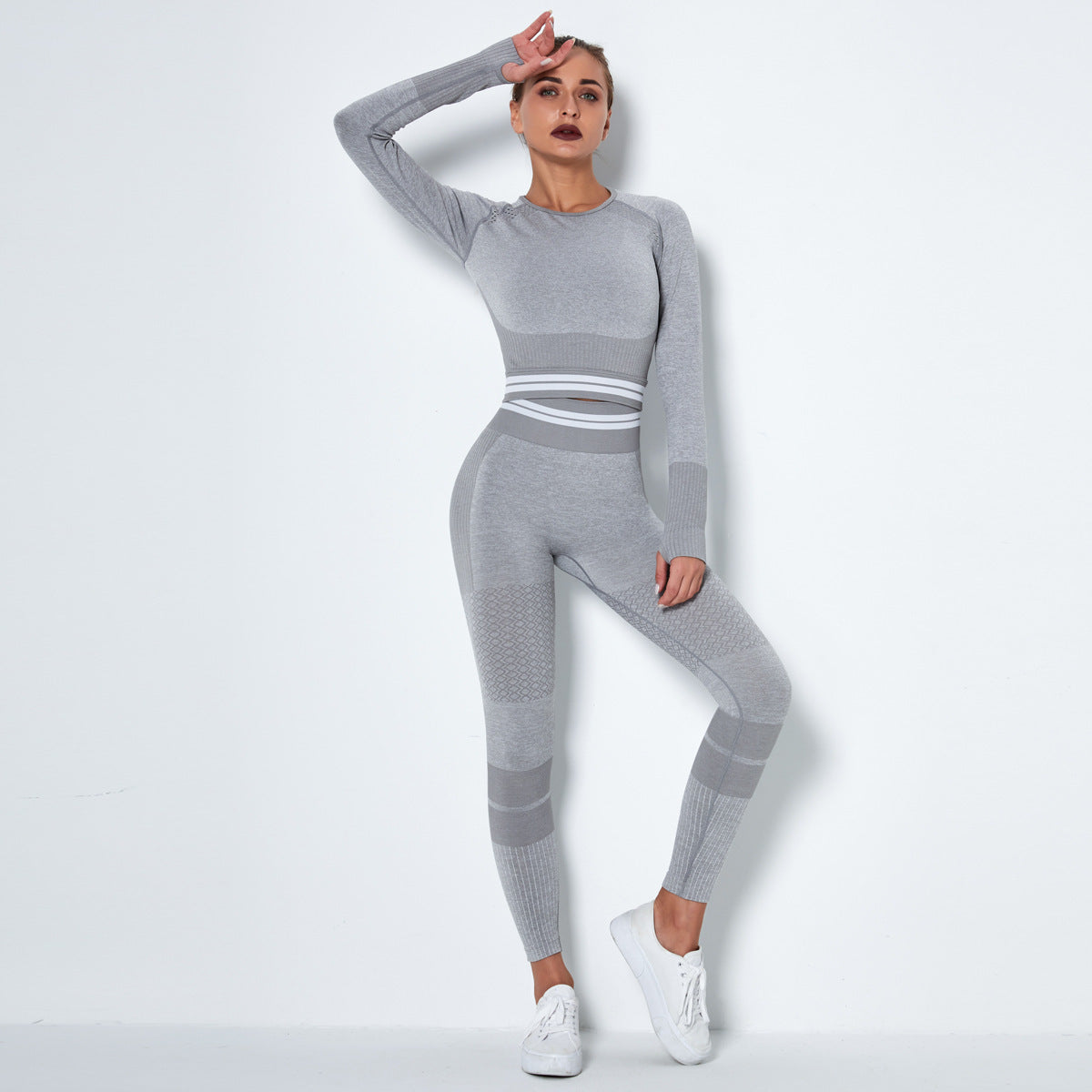 Women&#039;s Tracksuits Seamless Knitting Quick Drying Sports Yoga Long Sleeve Suit Striped Fitness Pants