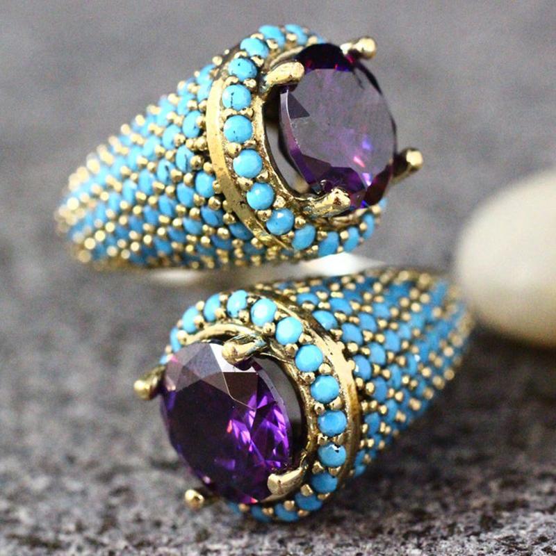 Cluster Rings Vintage Gold Color Turquoises Beaded Opening Ring For Women Girls Punk Gothic Party Retro Purple Zircon Jewelry Gift B4M853