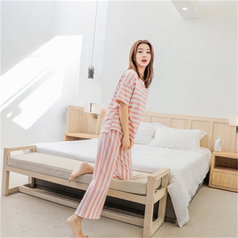 Women&#039;s Sleepwear Loose large size fat mm pajamas for women short sleeve modal cotton sleepwear pyjamas set fashion striped nightwear pijama su