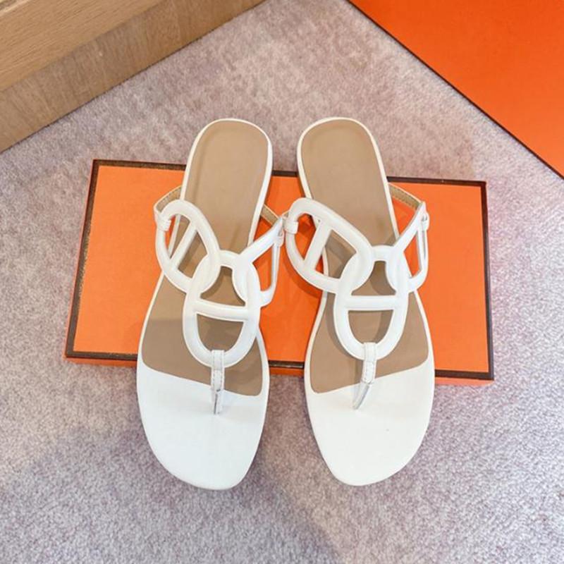 Slippers 2021 Summer Designer H Wear Leather Air Pressure Chain Ring Buckle Fashion British Pinch Ladies Sandals Outside Home