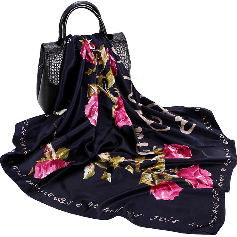 Scarves Women Fashion Scarf Rose Flower Print Shawl Hijab Imitate Silk Satin Kerchief Head Neck Bandana Stole 35&quot;*35&quot;