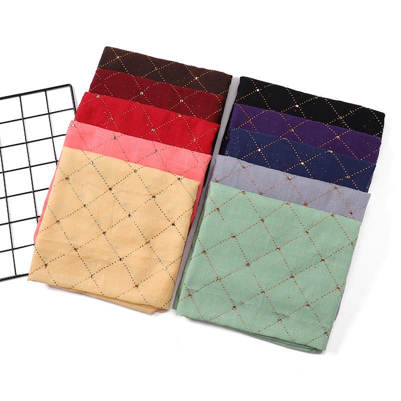 Scarves Exquisite Plaid Rhinestones Long Fashion Cotton Linen Beautiful Hijab Headscarf Muslim Women Islamic Head Wrap