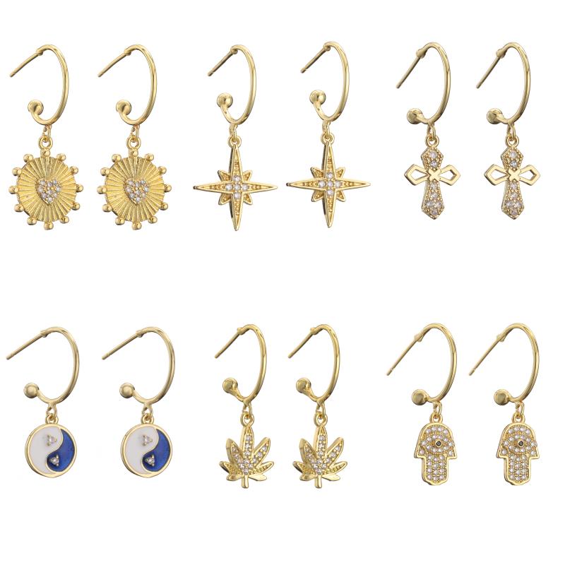 Hoop & Huggie HECHENG,1 Pair,Hands Leaf Heart Cross Star Shape Earrings,For Women Grils Valentine&#039;s Day Gift ,Copper Jewelry