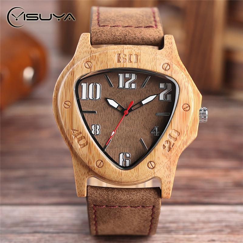 Wristwatches YISUYA Men&#039;s Creative Inverted Triangle Wood Watch Man Retro Cool Quartz Genuine Leather Bamboo Wooden Gifts Clock