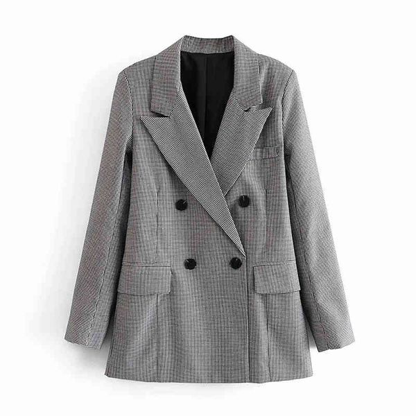 Women Elegant Plaid Blazer Long Sleeve Double Breasted Slim Check Coat Office Work Lattice Suit Jacket Outerwear 210520