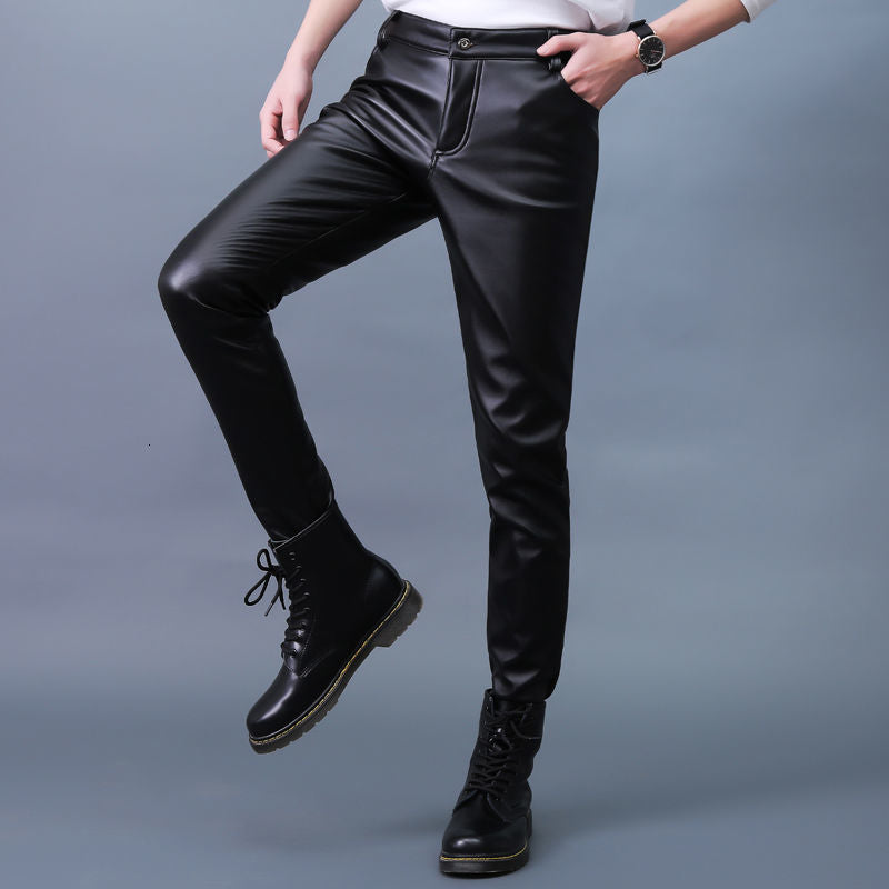 Men&#039;s Pants Autumn Winter Moto & Biker PU Leather Straight Slim Leggings Elastic Velvet Tight Korean-Style Black Pencil IVCF