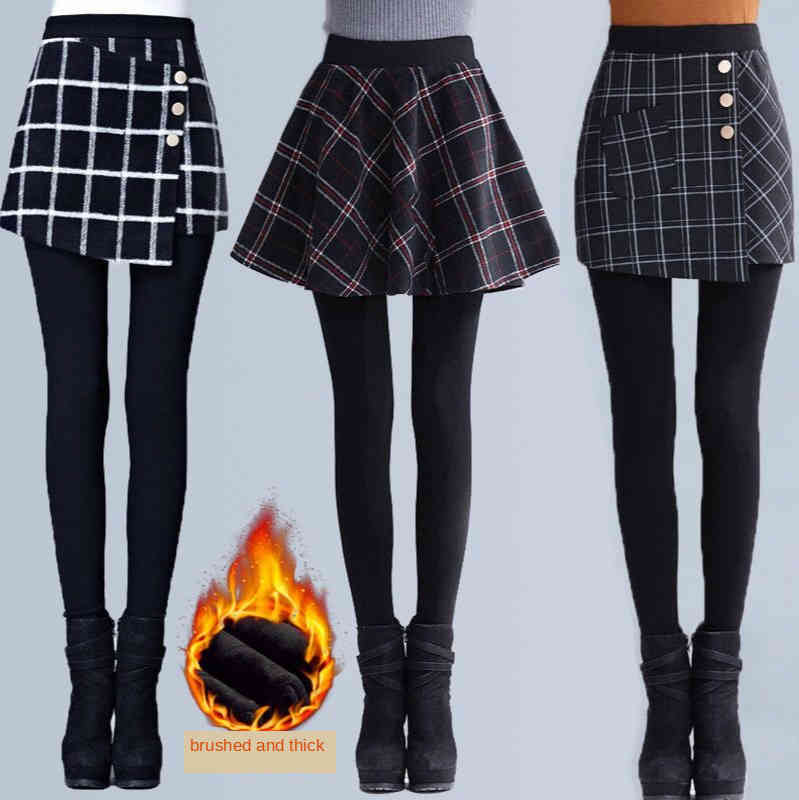 Women&#039;s Leggings Winter Woman Tartan Skirt Fake Two-Piece Outer Wear Black Stirrup Trousers Thin High Waist Culottes Fleece Thicke