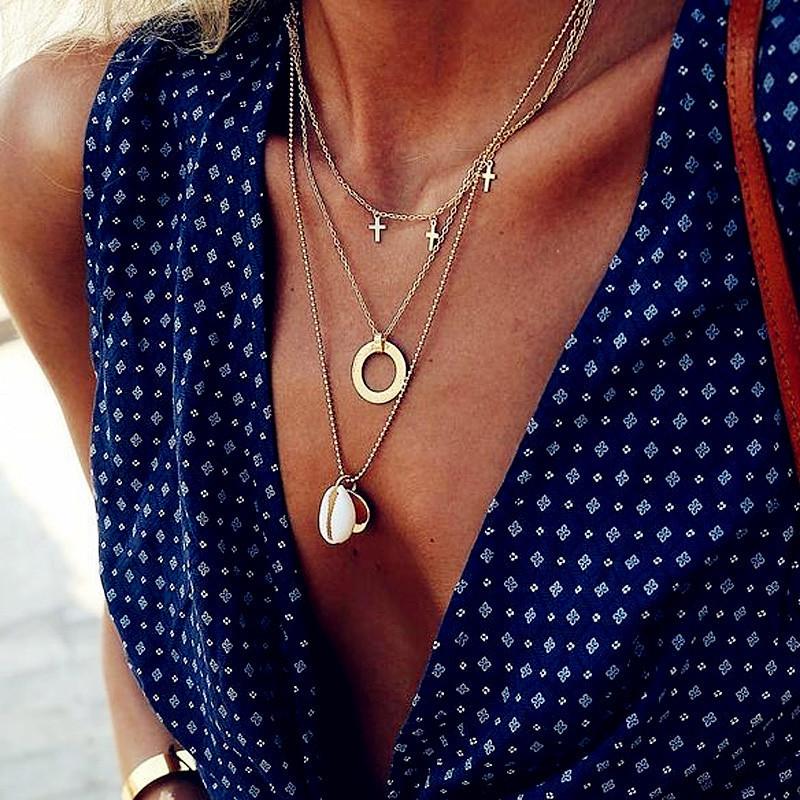 Chokers 2021 Bohemian Cross Pendant Sea Shell Vintage Boho Coin Circle Multi Strand Layer Chain Necklaces Women Fashion Jewelry