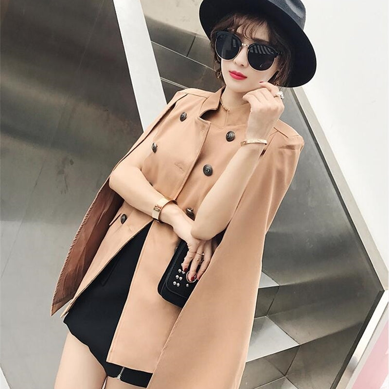 Women&#039;s Suits & Blazers Double Breasted Cape Coat Vintage Black Autumn Winter Scallop Edge Outerwear Women Casual Elegant Lapel Sl