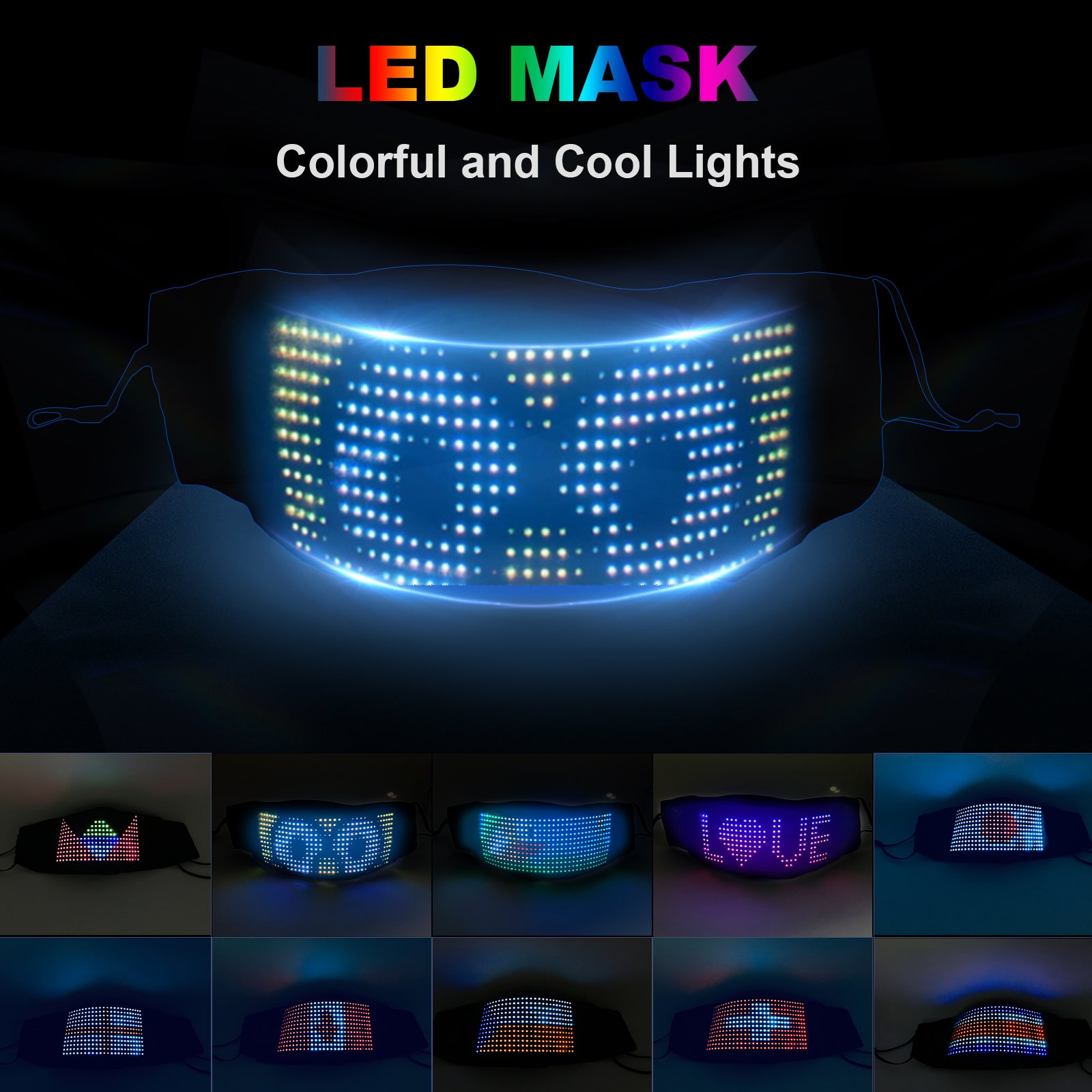 LED Light Up Customizable BT DIY Messages 22 Animations 20 Pictures Music Mode Face Mask for Halloween Party