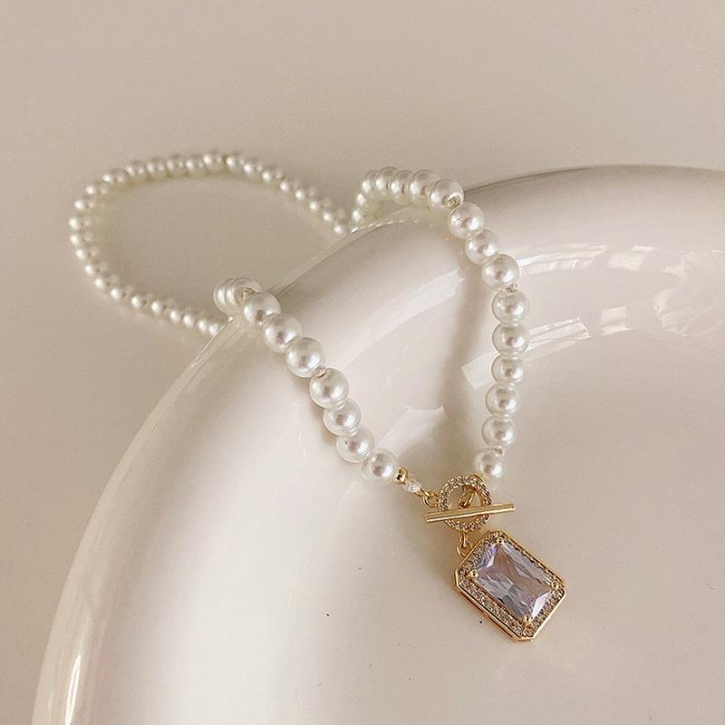 Pendant Necklaces VSnow Temperament Square CZ Zirconia Pearl Beaded Necklace For Women French Toggle Clasp Chokers Party Jewelry