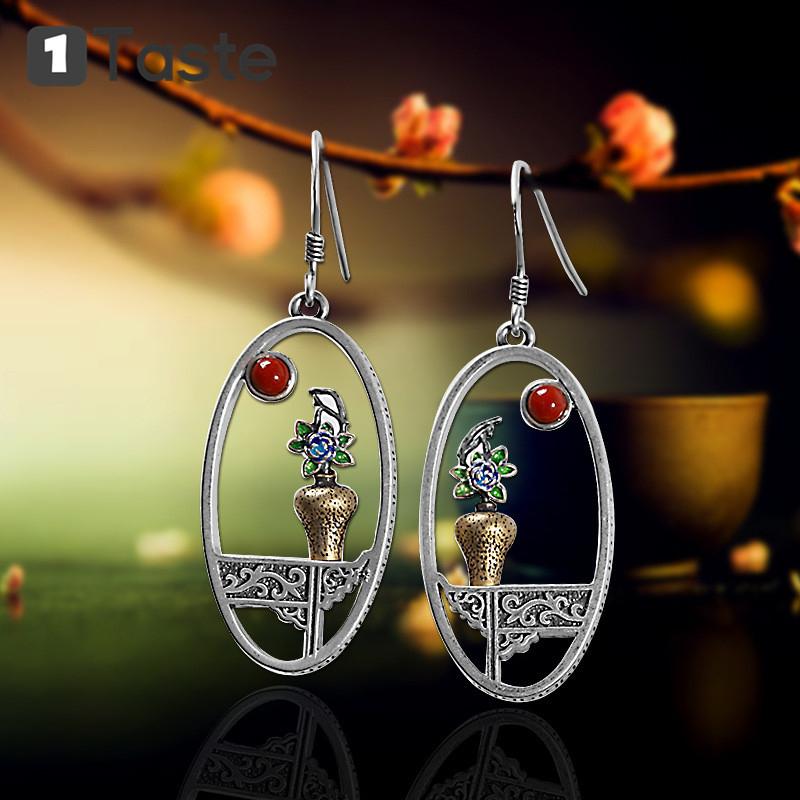 Dangle & Chandelier ONETASTE 925 Sterling Silver Enamel Agate Flower Vase Drop Earrings Ethnic Vintage Zen Earring 2021 Fine Jewelry Women G
