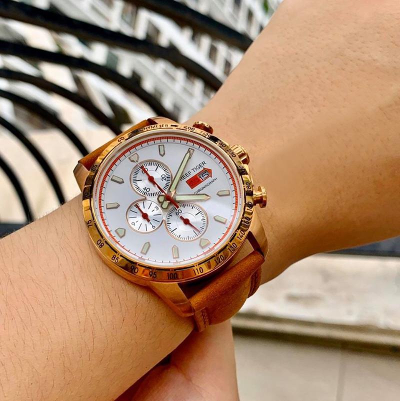 Wristwatches Reef Tiger-RT Sport Watch For Men Chronograph Quartz Watches With Date Rose Gold Luminous Markers RGA3029