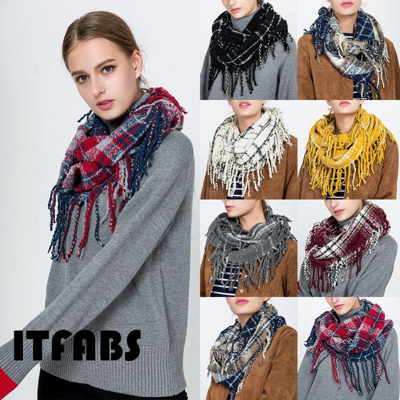 Scarves 2021 Autumn Winter Women Warm Knitted Scarf Plaid Cashmere Shawls Lady Wrap