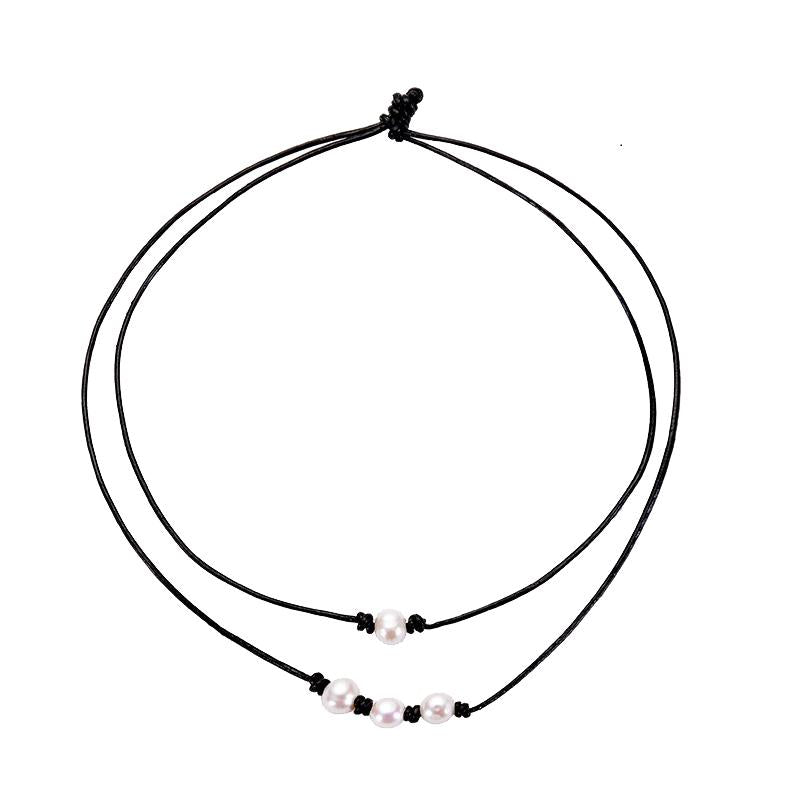 Chokers Kalapure Women&#039;s Cultured Freshwater Pearls Choker Necklace Sets Black Genuine Leather Cord Knotted Handmade Jewelry Gift