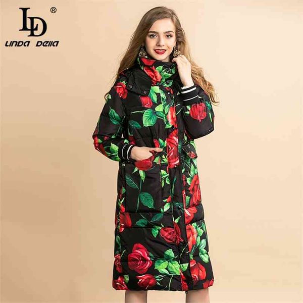 Autumn Winter 90% White Down jacket Women&#039;s Warm Coats Outerwear Elegant Rose Floral Print Hooded Overcoat 210522