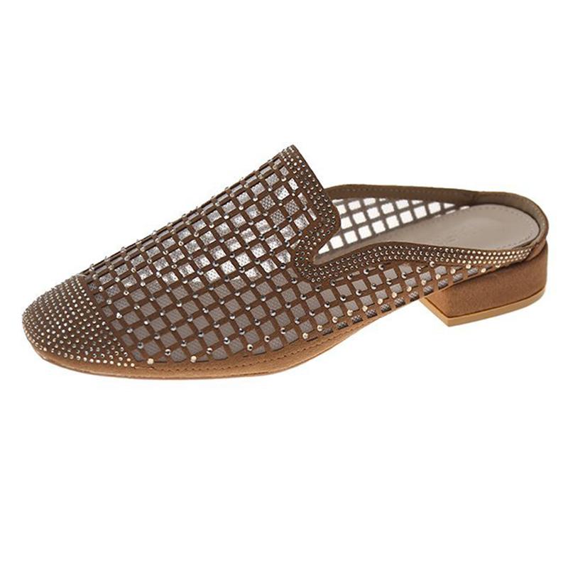 Slippers Woman Flat Backless Mules Plates Feminino Ladies Bling Crystal Chaussure Mesh Fretwork Home Half Slides Outdoor Shoes