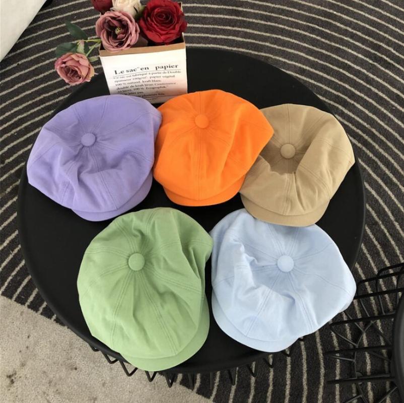 Berets INS Women Cotton Summer Autumn Octagonal Beret Caps Stylish Artist Painter Sboy Hats Candy Color