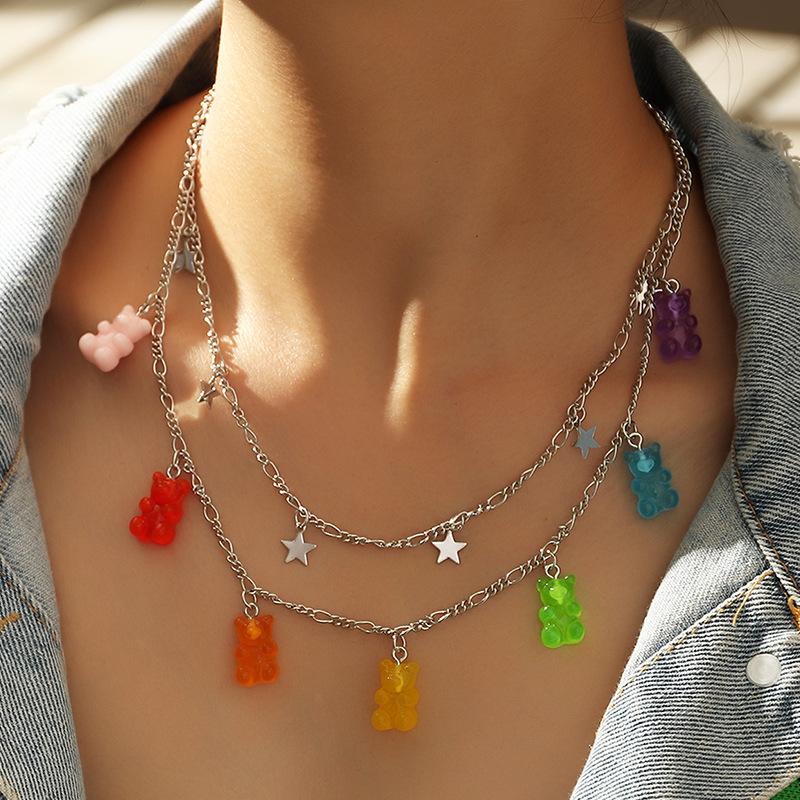 Pendant Necklaces Handmade Cute Gummy Cartoon Bear Chain Layer Candy Color Star For Women Female Daily Jewelry Party Gifts