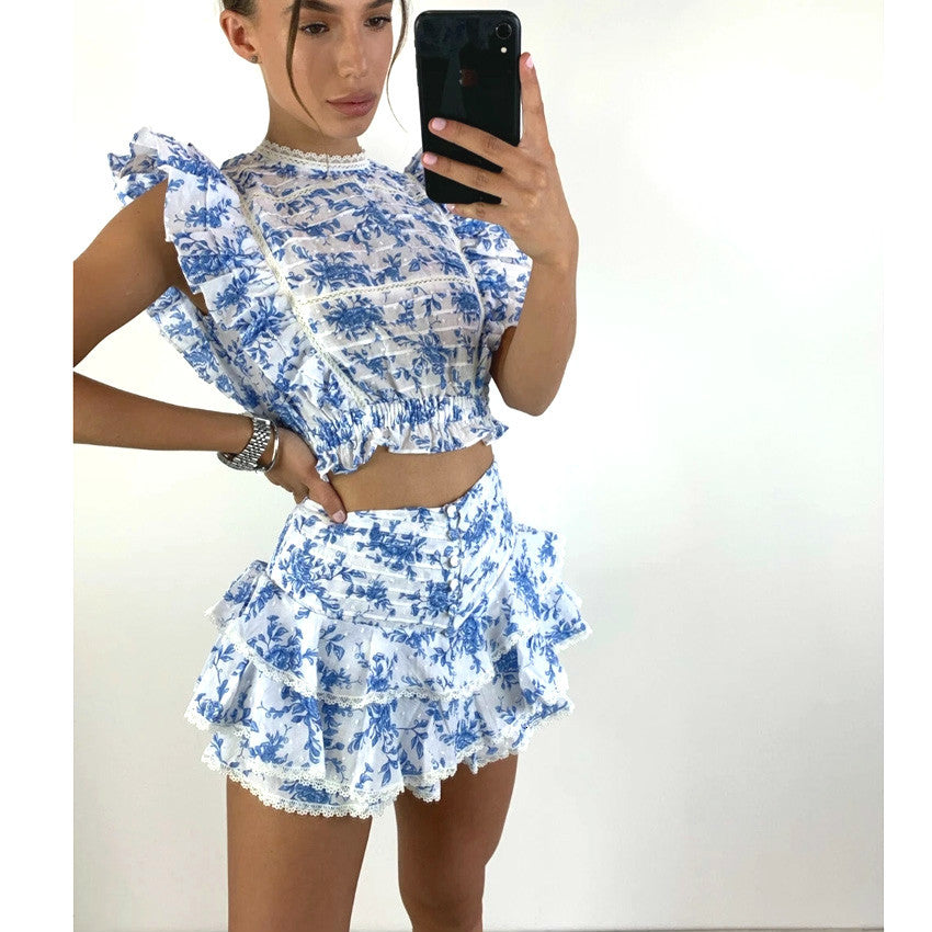 Two Piece Dress High Quality 2021 Sunday Set elastic waistband Cropped top with ruffle detail and cute mini shorts skirts NU1Y