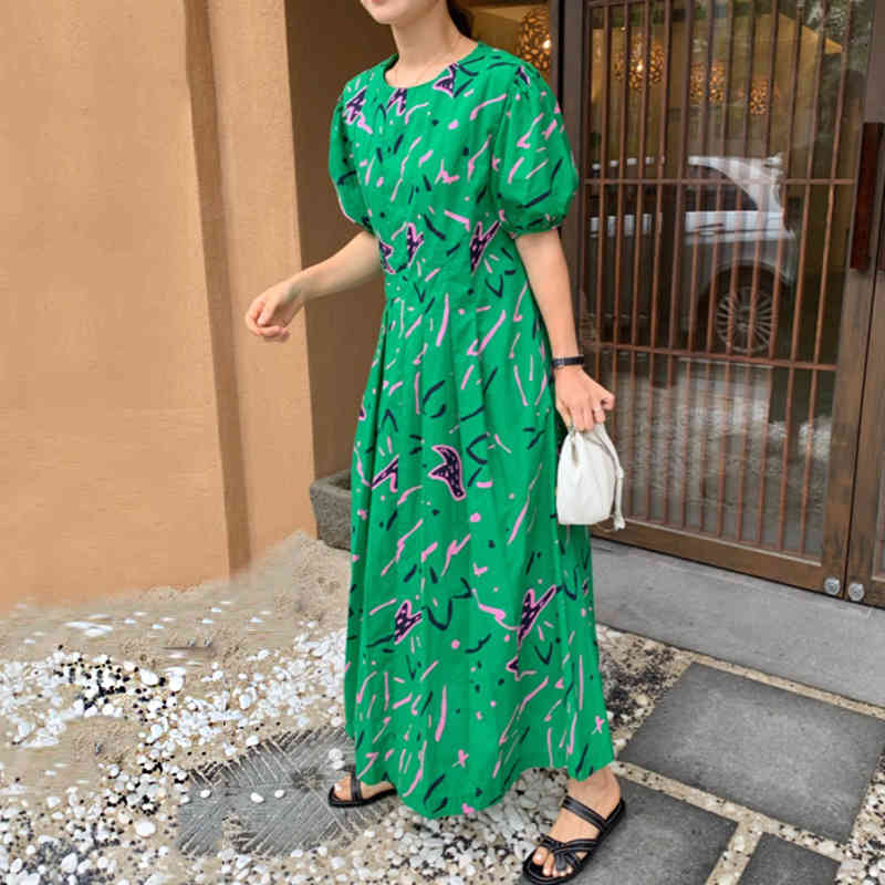 Casual Dresses Korean version of the summer retro elegant round neck abstract graffiti pleating design waist thin bubble sleeve dr