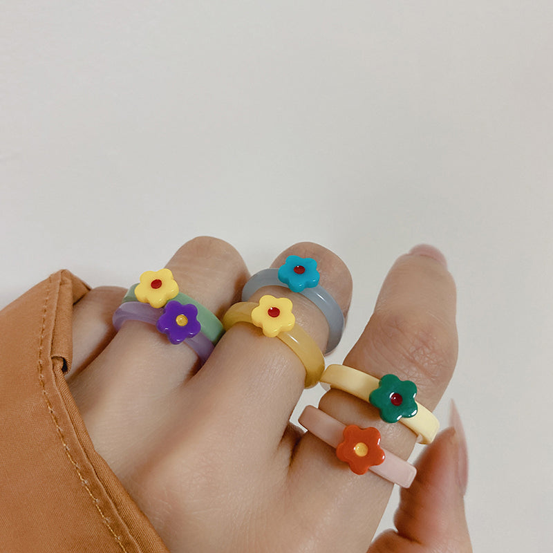 Simple Band Rings niche design fashion candy colors flower matching joint-ring retro unique diamond acrylic resin color stackable non-fading ring je