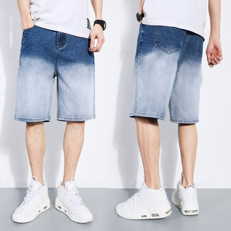 Trendy brand fashion gradient pants straight summer Capris Shorts Youth loose casual jeans men&#039;s wear