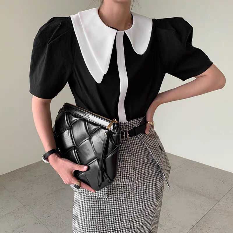 Women&#039;s Blouses & Shirts Peter Pan Collar Summer Blouse Women Kawaii Elegant Black White Patchwork Tops Korean Zipper Vintage Desi