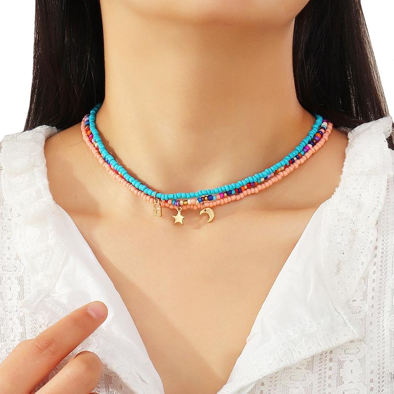 Chokers 3Pcs Bohemia Handmade Rainbow Beads Candy Star Moon Pendant Multi-Layer Satellite Necklace Women&#039;S Fashion Jewelry