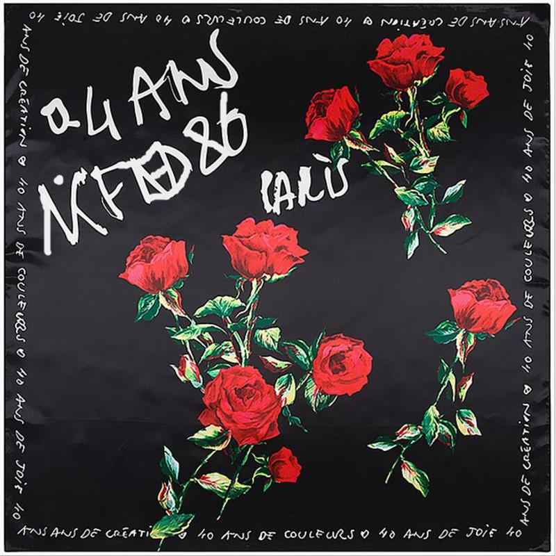 Scarves Arrival 90x90cm Sweet Style Silk Scarf Women Letter Roses Painting NeckerChief Bandana Square Muslim Headscarf