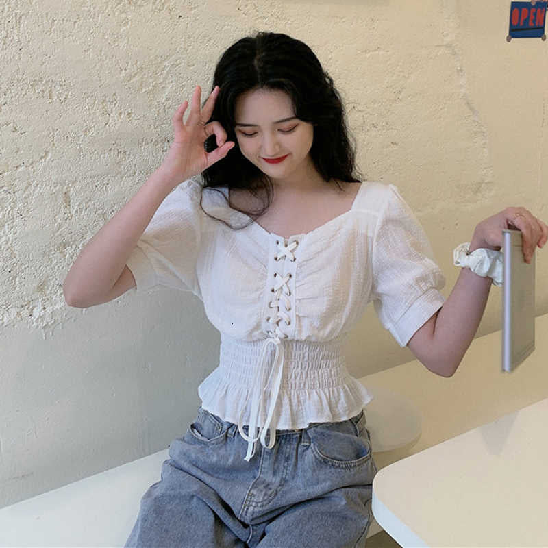 Women&#039;s Blouses & Shirts Square Collar White Summer Blouse Women Puff Sleeve Lace Up Cropped Tops Elastic High Waist Elegant Loose