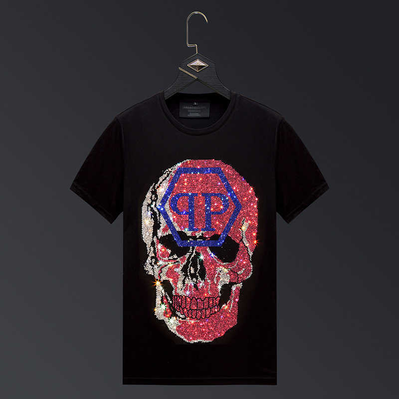 European skull hot drill t-shirt men&#039;s short sleeve fashion brand men&#039;s ice silk T-shirt spirit guy half sleeve mercerized cotton T-shirt