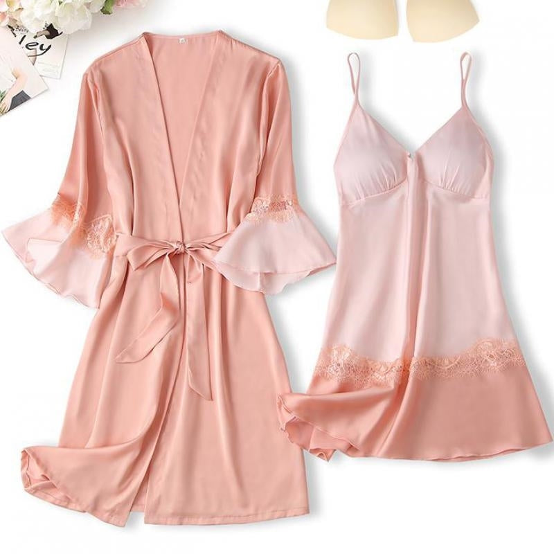 Women&#039;s Sleepwear 2PCS Lace Robe Set Women Kimono Summer ing Gown Suspender Nightgown&Bathrobe Suit Intimate Lingerie With Breast