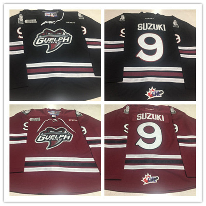 Custom Rare Hockey Jersey Men Youth Women Vintage GUELPH STORM #9 Nick Suzuki 2019 OHL Game Worn Size S-5XL CCM Black Red